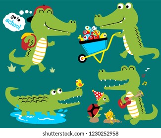 Vector set of funny crocodiles cartoon in different action with friends