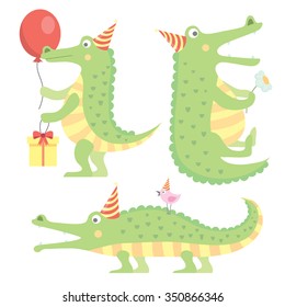 vector set with funny crocodiles celebrating Happy Birthday