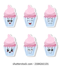 Vector set of funny cupcake stickers with kawaii emotion. Kawaii Faces. Vector illustration on white background