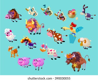 Vector set of funny cute cartoon farm animals. Big angry herd of Wild West