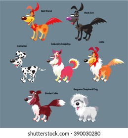 Vector set of funny, cute, cartoon dogs. Different breeds. 