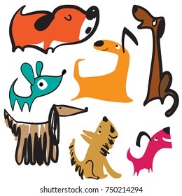 Vector set of funny cute cartoon dogs, illustration of dogs in different poses, symbol of new year according to the Chinese calendar