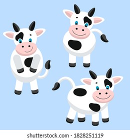 Vector set with funny cute cows, isolate on a blue background. Symbol of 2021