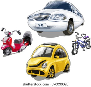 Vector set of funny cute old broken vehicles. Limousine, moped, bicycle, car bug