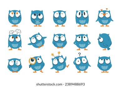 Vector set of funny cute owls with different emotions. Owls icons, stickers