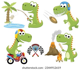 conjunto vectorial de dibujos animados de dinosaurios divertidos en diferentes actividades