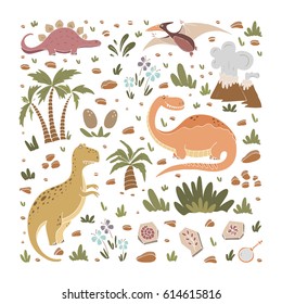 Vector set of funny dinosaurs, palms, volcano, fossils, eggs, flowers in cartoon style. Prehistoric age life. Perfect for  invitations, party, banners, baby shower, coloring book and room decoration