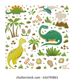 Vector set of funny dinosaurs, palms, volcano, fossils, eggs, flowers  in cartoon style. Perfect for cards, party, banners, kindergarten, baby shower, coloring book and children room decoration