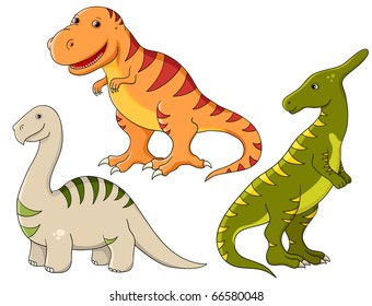 Vector set - funny dinosaurs. Tyrannosaurus, brontosaurus and saurolophus