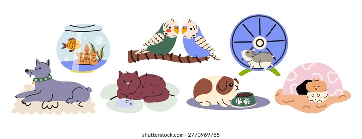 Vector set of funny domestic pets in cartoon style. Dog, cat, hamster on a wheel, budgie parrots, guinea pig and a goldfish. Cute animals compositions for veterinary, stickers