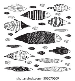 Vector set of funny doodle fishes. Stylized fish character. Ornamental decorative fish.