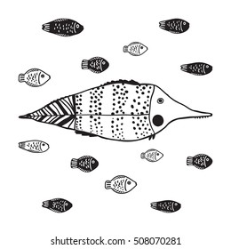 Vector set of funny doodle fishes. Stylized fish character. Ornamental decorative fish.