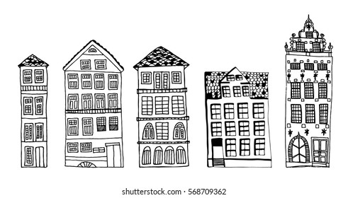 vector; a set of funny doodle houses of european style; old buildings; cute architecture for urban landscape; great for coloring 