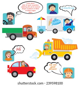 Vector Set Of Funny Drivers With Truck, Van, Car, Tipper In White Background 