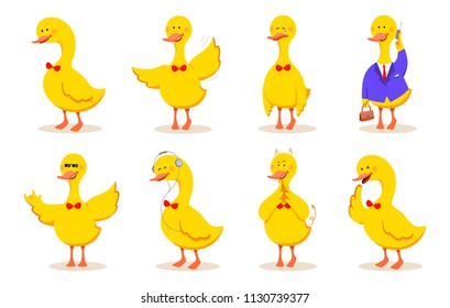 Vector set of funny duck in different poses. Cartoon flat illustrations.