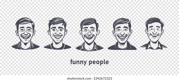 Vector set of funny emotional cartoon people. Graphic portraits of smiling men. Isolated background.