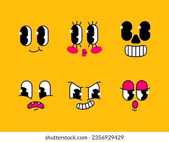 Vector set of funny faces cartoon characters retro 30s. Collection of emotions for your design. Contentment, embarrassment, joy, surprise, anxiety, anger, cunning, fatigue, sleepiness