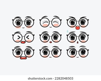 Vector vector set of funny facial expressions with a variety of emotions by using glasses