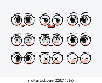Vector vector set of funny facial expressions with a variety of emotions by using glasses