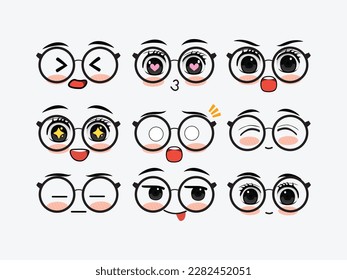 Vector vector set of funny facial expressions with a variety of emotions by using glasses
