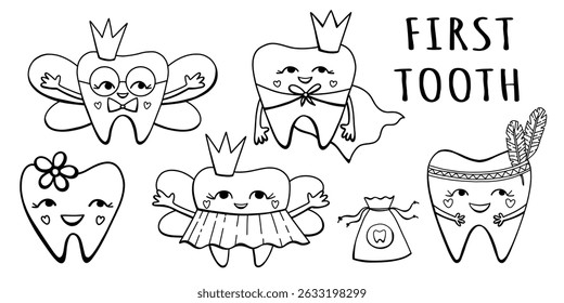 Vector set of funny fairy tooth in outline. Tooth fairy illustration character for children. Kids dental coloring page template