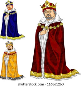 vector set of funny fairytale cartoon king in ceremonial robes and crown in three colors