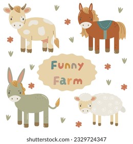vector set funny farm with horse, cow,  and sheep