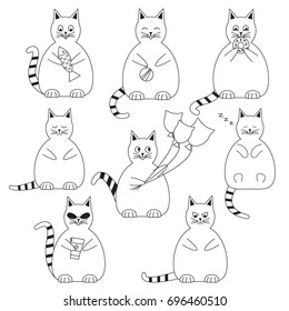 Vector set of funny, fat and white cats.