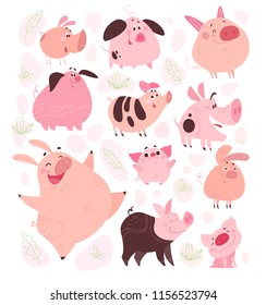 Vector set of funny flat different pig characters design isolated on white background. Collection of friendly smiling pink porks. Farm animals. Perfect for cards, patterns, prints, hero images etc.
