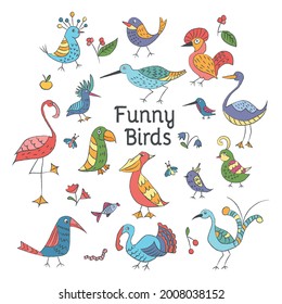 Vector set of funny flat multicolored birds