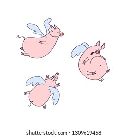 Vector set of funny flying cartoon pigs with wings. Pigs angels
