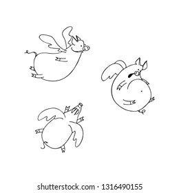 Vector set of funny flying cartoon pigs with wings. Black and white Pigs angels