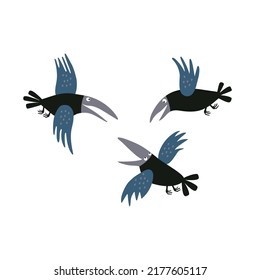 Vector set with funny flying ravens or crows. Children illustration in hand drawn style.