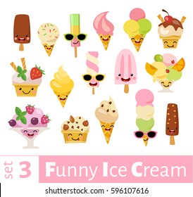 Vector set of funny food icons in flat style. Smiling ice cream. 