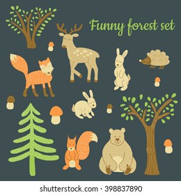 vector set of funny forest animals and other elements: fox, deer, rabbit, bear, hedgehog, mushroom, squirrel, trees