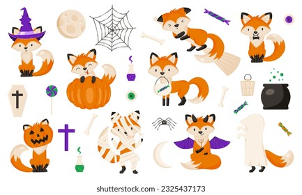 Vector set of funny foxes in Halloween costumes and spooky symbols isolated