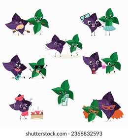 Vector set of funny fresh herbs purple basil and green basil, funny characters doing sports, playing musical instruments.