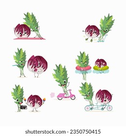 Vector set funny  fresh vegetarian, crunchy,  
eruca, rucola, colewort, rucoli, roquette, garden rocket, ruchetta,
radichio, radicchio,cabbage vegetable, salad characters doing sports, playing musical