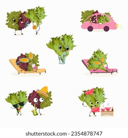 Vector set of funny fresh vegetarian, frisse, rossa, lollo, vegetables, salad characters doing sports, playing musical instruments.