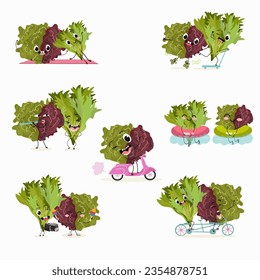Vector set of funny fresh vegetarian, frisse, rossa, lollo, vegetables, salad characters doing sports, playing musical instruments.