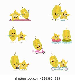 Vector set of funny fresh vegetarian carambola, carom, funny vegetable, fruit, characters doing  sports, playing musical instruments.