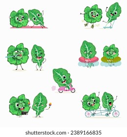 Vector set of funny fresh vegetarian ute spinach character on a white background. Healthy food. 
Vegetarianism. Lettuce leaves. Sorrel. Characters doing sports, playing musical instruments.