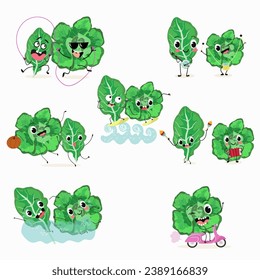 Vector set of funny fresh vegetarian ute spinach character on a white background. Healthy food. 
Vegetarianism. Lettuce leaves. Sorrel. Characters doing sports, playing musical instruments.