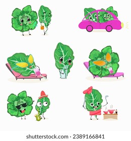Vector set of funny fresh vegetarian ute spinach character on a white background. Healthy food. 
Vegetarianism. Lettuce leaves. Sorrel. Characters doing sports, playing musical instruments.