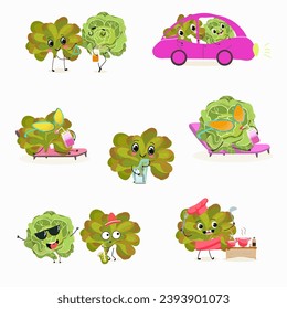 Vector set of funny fresh vegetarian characters buttery half head lettuce, analotta, buttery salad isolated on white background. Healthy food.
Vegetarianism. The characters go in for sports and play m