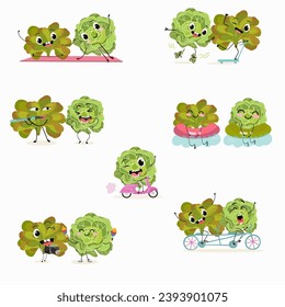 Vector set of funny fresh vegetarian characters buttery half head lettuce, analotta, buttery salad isolated on white background. Healthy food.
Vegetarianism. The characters go in for sports and play m