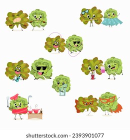 Vector set of funny fresh vegetarian characters buttery half head lettuce, analotta, buttery salad isolated on white background. Healthy food.
Vegetarianism. The characters go in for sports and play m