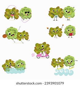 Vector set of funny fresh vegetarian characters buttery half head lettuce, analotta, buttery salad isolated on white background. Healthy food.
Vegetarianism. The characters go in for sports and play m