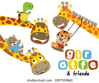 Vector set of funny giraffe cartoon with little friends