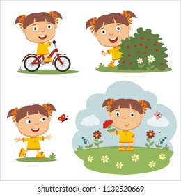 Vector set funny girl in different poses on summer meadow with flowers, isolated on white background.